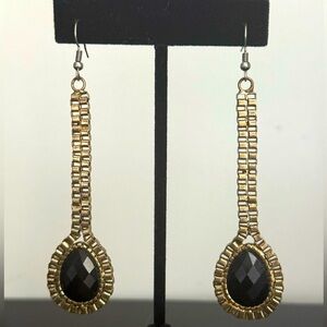 Vintage Inspired Goldtone & Black Faceted Gemstone Teardrop Statement Earrings